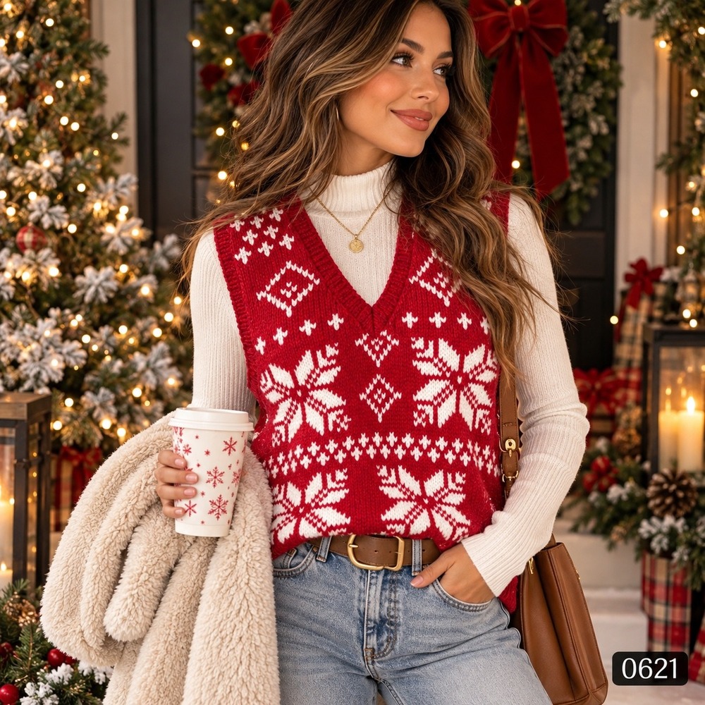 Hand Knitted Fair Isle Snowflake Sweater Vest Red White Holiday Women Small 0621